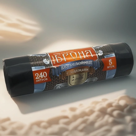 Мешок д/мусора ПВД 240 л  (5 шт.) рулон 2-х слойный с завязками БРОНЯ (1/9 шт.) ЗВБ-240/5/9/Ч — инфографика, вид №1