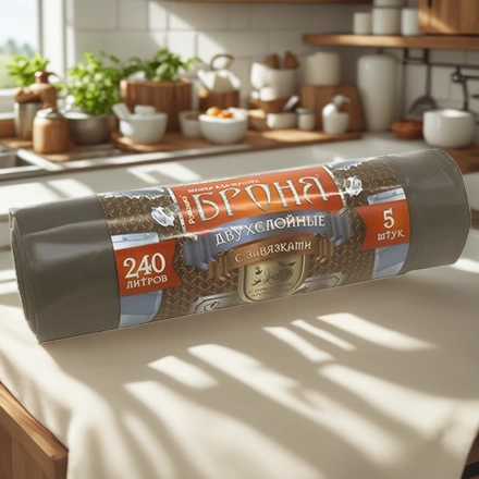 Мешок д/мусора ПВД 240 л  (5 шт.) рулон 2-х слойный с завязками БРОНЯ (1/9 шт.) ЗВБ-240/5/9/Ч — интерьер, вид №1