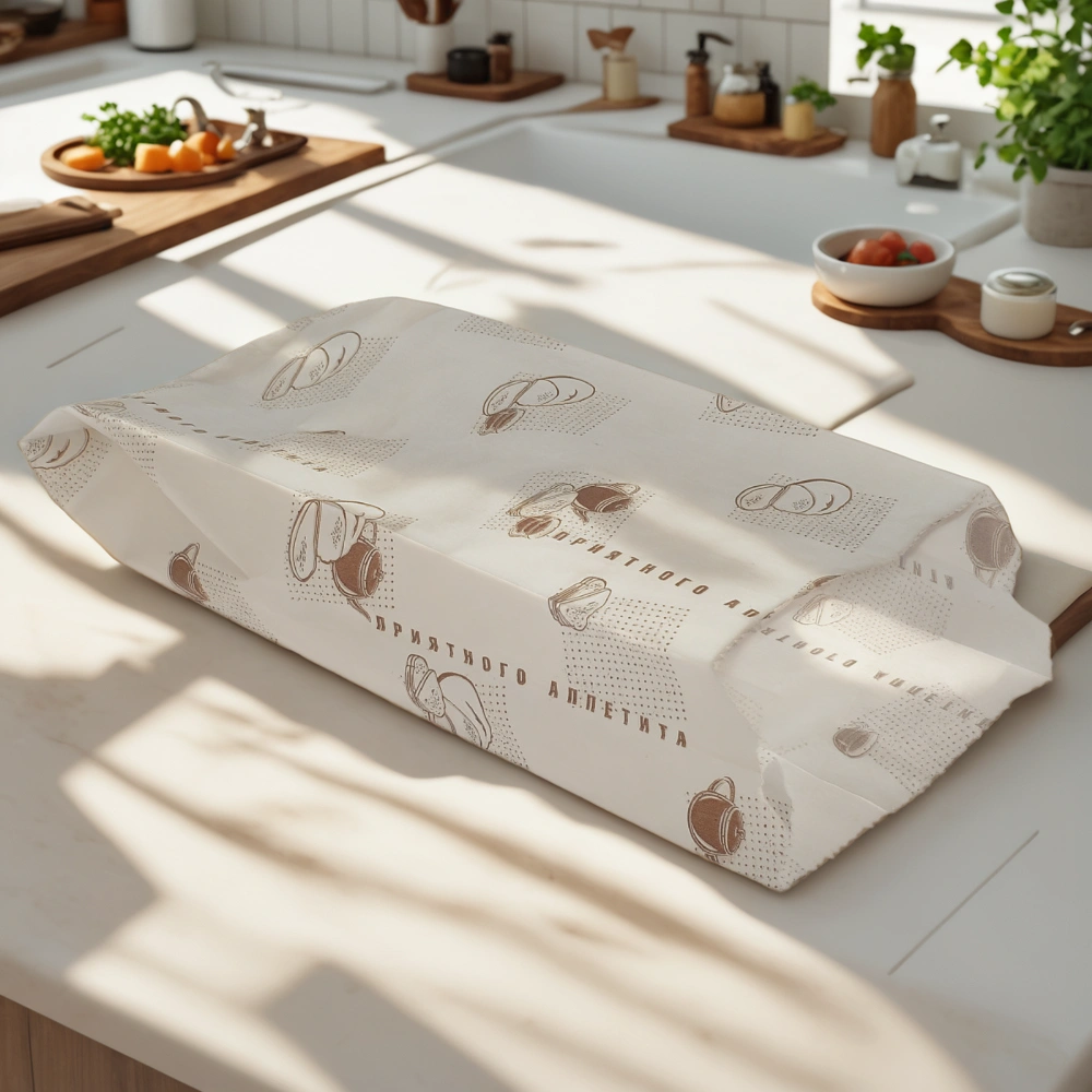 Пакет бумажный 260х90+40 белый с печатью Приятного аппетита (2000 шт.) — интерьер, вид №1