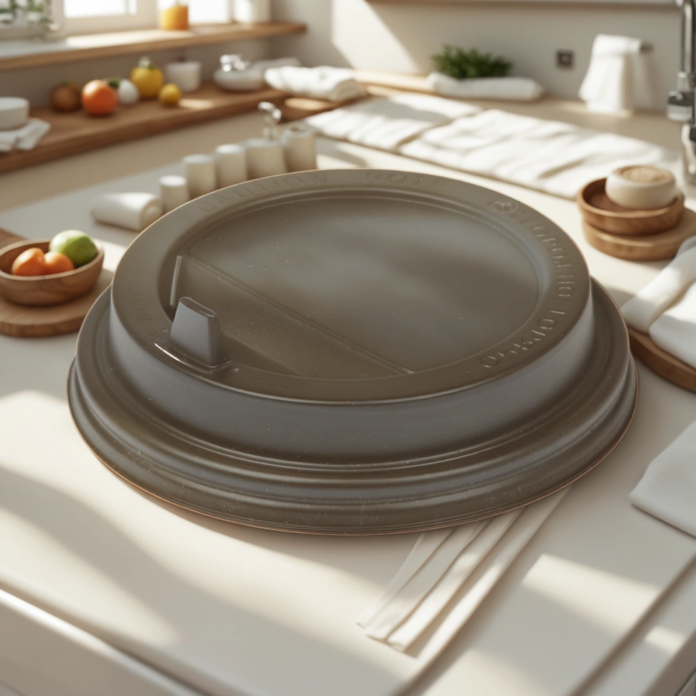 Крышка для стакана (d-80 мм) закрытый питейник ЧЕРНАЯ УК-80К глянец Каштан (100/2000 шт.) — интерьер, вид №1