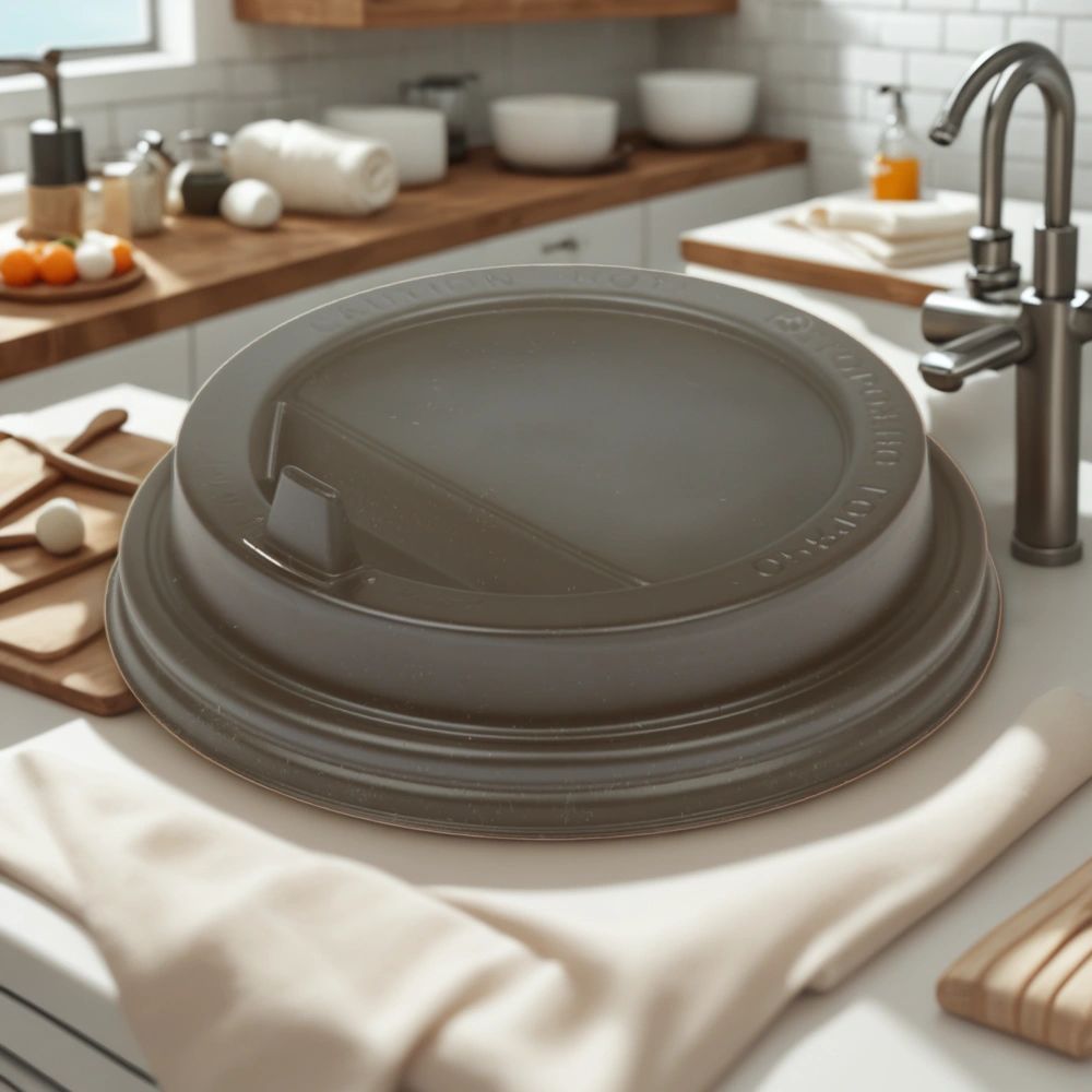 Крышка для стакана (d-90 мм) закрытый питейник ЧЕРНАЯ матовая УК-90К Каштан (100/2000 шт.) — интерьер, вид №1