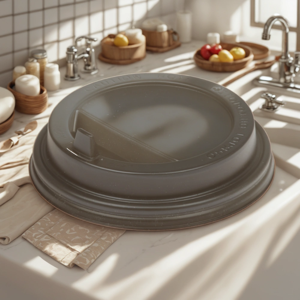 Крышка для стакана (d-80 мм) закрытый питейник ЧЕРНАЯ УК-80К матовая Каштан (100/2000 шт.) — интерьер, вид №1