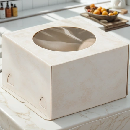 Короб для торта белый с окном 300х300х190 мм КОМПЛЕКТ (ДНО+КРЫШКА) (25 шт.) Т23Е — интерьер, вид №1