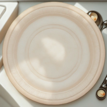 Тарелка биоразлагаемая d-230 бежевая (кукурузный крахмал) (50/350 шт.) Б02 — интерьер, вид №1