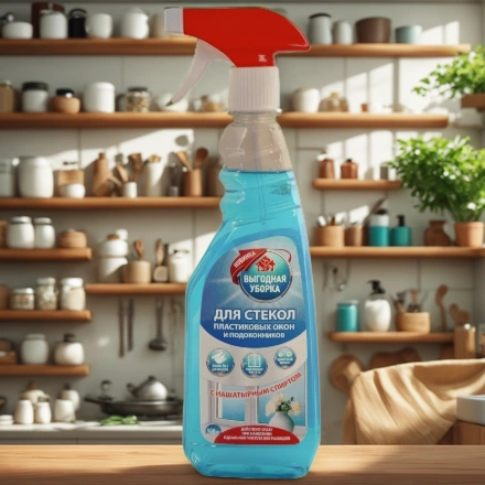 Средство моющее для стекол 0,5 л с нашатыр.спиртом Выгодная уборка СИНЯЯ БУТЫЛКА (1/20 шт.) 2516 — интерьер, вид №1