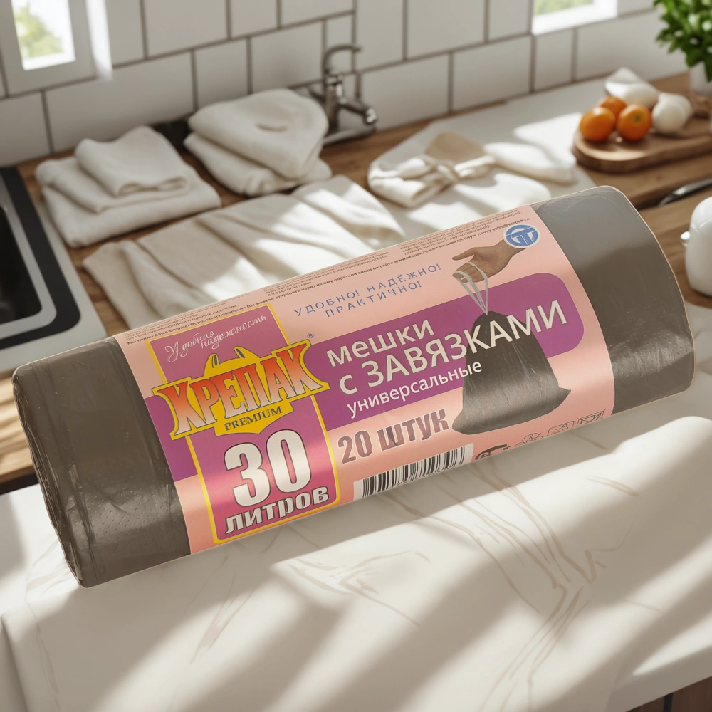 Мешок д/мусора ПНД 30 л (20 шт.) рулон С ЗАВЯЗКАМИ черный КРЕПАК (1/50 шт.) — интерьер, вид №1