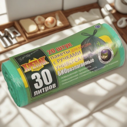 Мешок д/мусора ПНД 30 л (20 шт.) рулон с ручками зеленый КРЕПАК БИО (1/50 шт.) — интерьер, вид №1