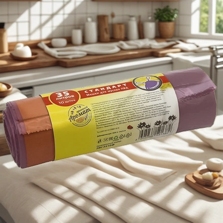 Мешок д/мусора ПВД 35 л (10 шт.) рулон с завязками фиолетовый СТАНДАРТ (1/24 шт.) ЗВС3510Ф — интерьер, вид №1