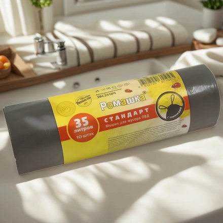 Мешок д/мусора ПВД 35 л (10 шт.) рулон с завязками черный СТАНДАРТ (1/24 шт.) ЗВС3510Ч — интерьер, вид №1