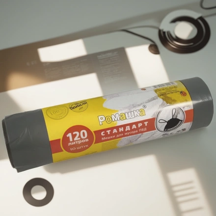 Мешок д/мусора ПВД 120 л (10шт.) рулон с завязками СТАНДАРТ (1/12 шт.) ЗВС-120/10/12/Ч АКЦИЯ — инфографика, вид №1