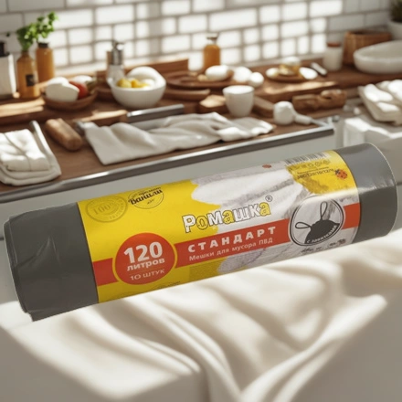 Мешок д/мусора ПВД 120 л (10шт.) рулон с завязками СТАНДАРТ (1/12 шт.) ЗВС-120/10/12/Ч АКЦИЯ — интерьер, вид №1