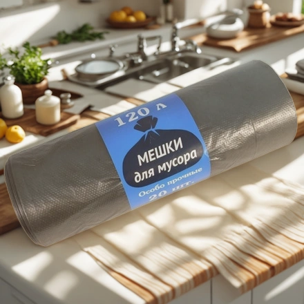 Мешок д/мусора ПВД 120 л (20 шт.) рулон 30 мкм NEW Омск синяя этикетка (1/5 шт.) — интерьер, вид №1