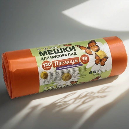 Мешок д/мусора ПВД 120 л (10 шт.) рулон оранжевый ПРЕМИУМ (1/12 шт.) ВР-0055(Б) — инфографика, вид №1