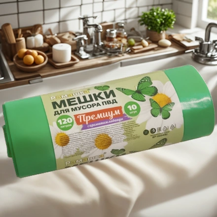 Мешок д/мусора ПВД 120 л (10 шт.) рулон зеленый ПРЕМИУМ (1/12 шт.) ВР-0054(Б) — интерьер, вид №1
