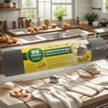 Мешок д/мусора  ПВД 90 л (6 шт.) рулон С ЗАВЯЗКАМИ СТАНДАРТ Ромашка (1/15 шт.) ЗВП-90/6/15/Ч — интерьер, вид №1