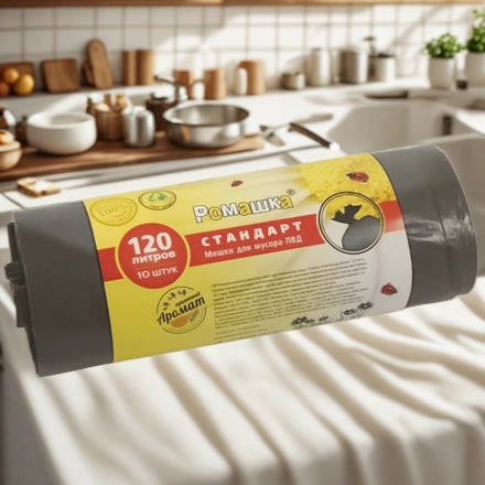 Мешок д/мусора ПВД 120 л (10 шт.) рулон СТАНДАРТ Ромашка (1/17 шт.) ВР-0065 — интерьер, вид №1