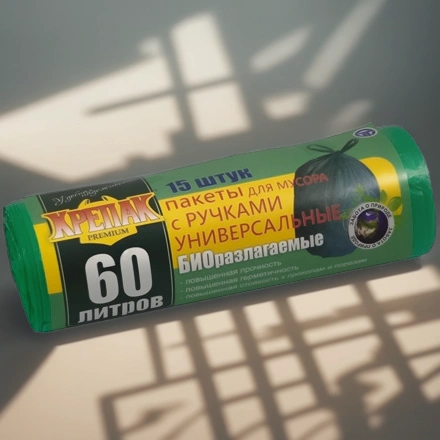 Мешок д/мусора ПНД 60 л (15 шт.) рулон с ручками зеленый КРЕПАК БИО (1/50 шт.) — инфографика, вид №1