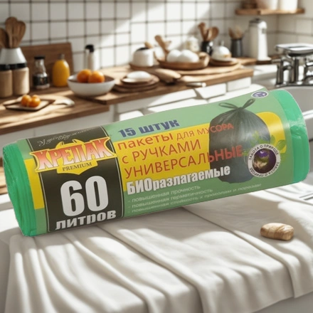 Мешок д/мусора ПНД 60 л (15 шт.) рулон с ручками зеленый КРЕПАК БИО (1/50 шт.) — интерьер, вид №1