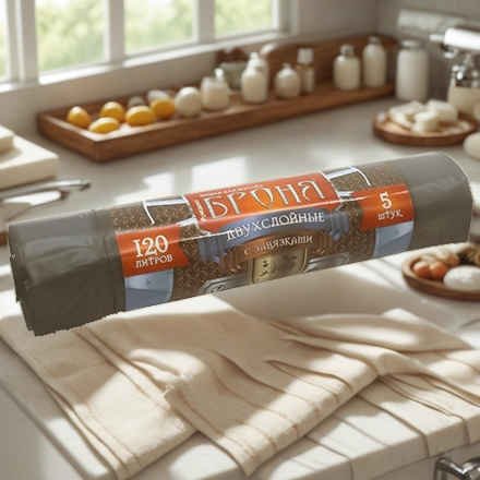 Мешок д/мусора ПВД 120 л  (5 шт.) рулон 2-х слойный с завязками БРОНЯ (1/15 шт.) ЗВБ-120/5/15/Ч — интерьер, вид №1