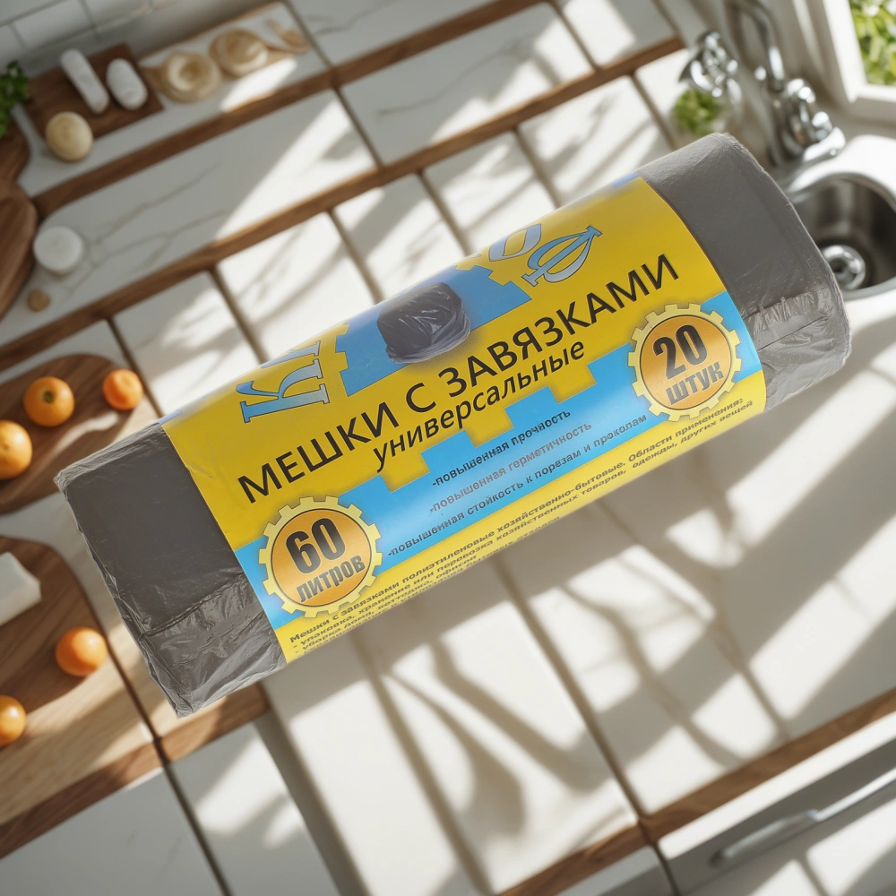 Мешок д/мусора ПНД 60 л (20 шт.) рулон С ЗАВЯЗКАМИ черный КРЕПАКОФ (1/50 шт.) — интерьер, вид №1