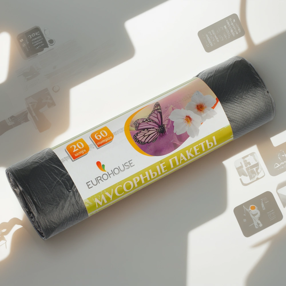 Мешок д/мусора ПНД 60 л (20 шт.) рулон черный Eurohouse (1/70 шт.) 3622 — инфографика, вид №1