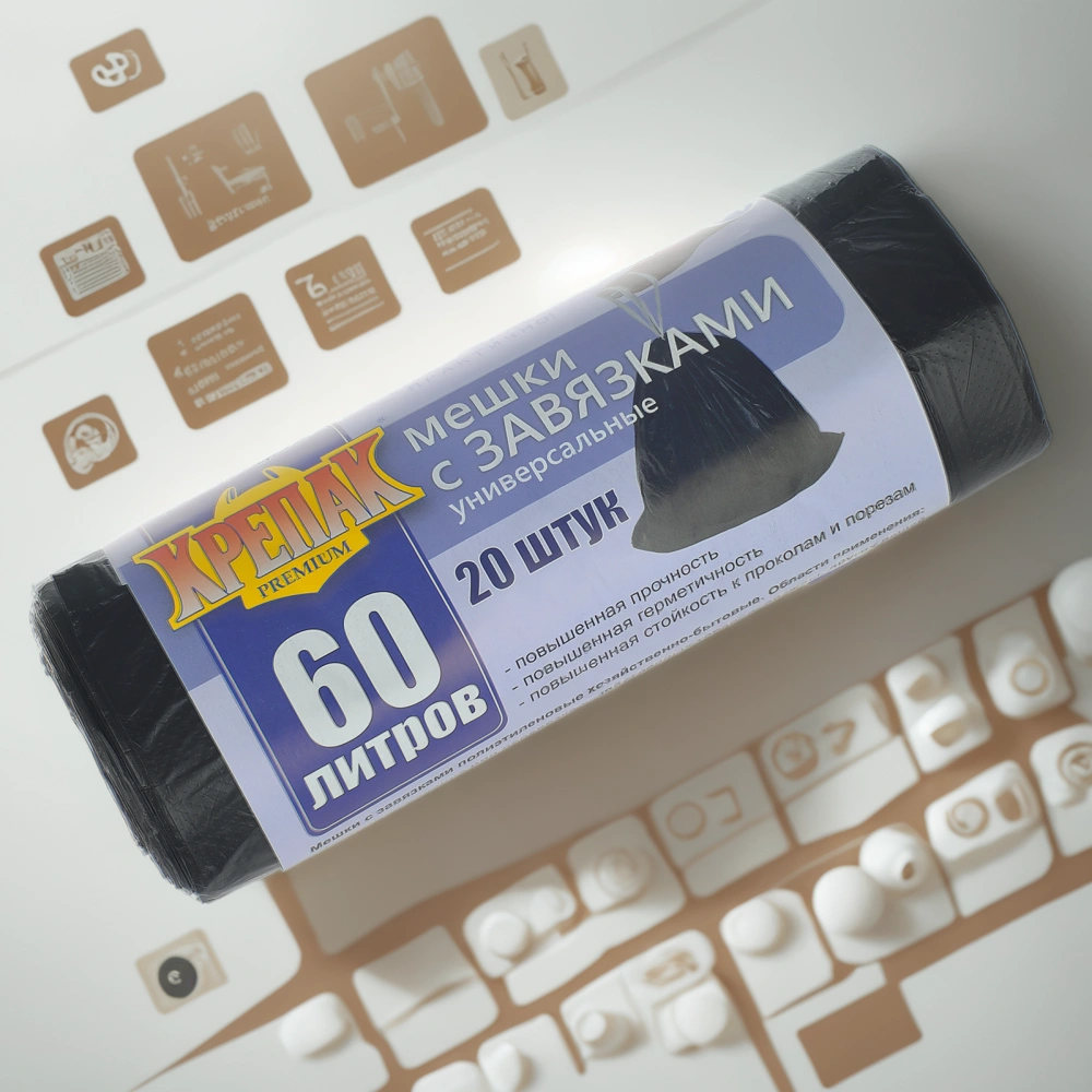 Мешок д/мусора ПНД 60 л (20 шт.) рулон С ЗАВЯЗКАМИ черный КРЕПАК (1/50 шт.) — инфографика, вид №1