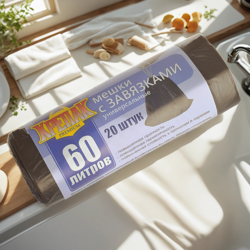 Мешок д/мусора ПНД 60 л (20 шт.) рулон С ЗАВЯЗКАМИ черный КРЕПАК (1/50 шт.) — интерьер, вид №1