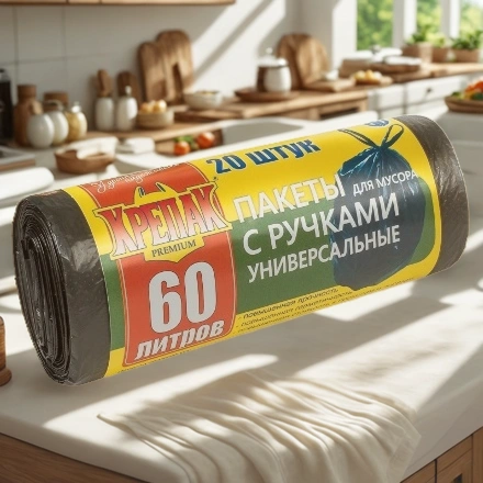 Мешок д/мусора ПНД 60 л (20 шт.) рулон с ручками черный КРЕПАК (1/50 шт.) — интерьер, вид №1
