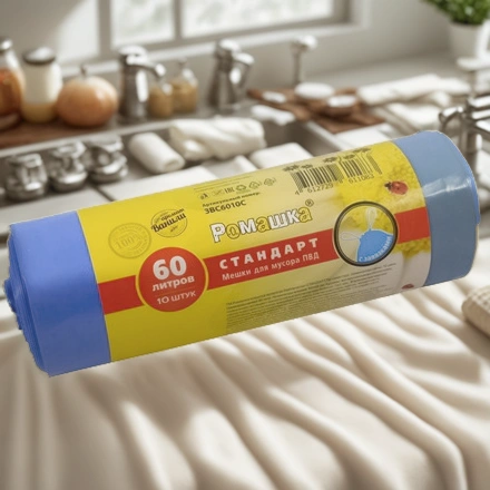 Мешок д/мусора ПВД 60 л (10 шт.) рулон с завязками синий СТАНДАРТ (1/18 шт.) ЗВС6010С — интерьер, вид №1