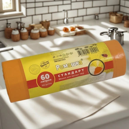 Мешок д/мусора ПВД 60 л (10 шт.) рулон с завязками оранжевый СТАНДАРТ (1/18 шт.) ЗВС6010О — интерьер, вид №1