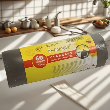 Мешок д/мусора ПВД 60 л (10 шт.) рулон с завязками черный СТАНДАРТ (1/18 шт.) ЗВС6010Ч — интерьер, вид №1