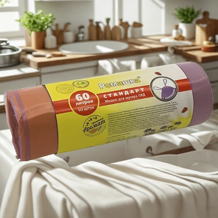 Мешок д/мусора ПВД 60 л (10 шт.) рулон с завязками фиолетовый СТАНДАРТ (1/18 шт.) ЗВС6010Ф — интерьер, вид №1