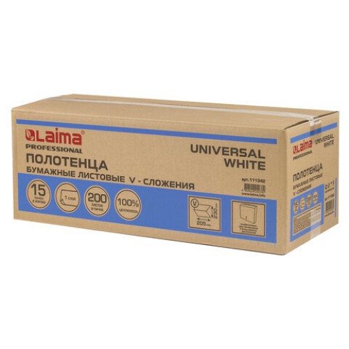 Полотенца бумажные 200 шт., LAIMA (H3) UNIVERSAL WHITE, 1-слойные, белые, КОМПЛЕКТ 15 пачек, 23x20,5, V-сложение, 111342 в Екатеринбург — Uralhoz.ru