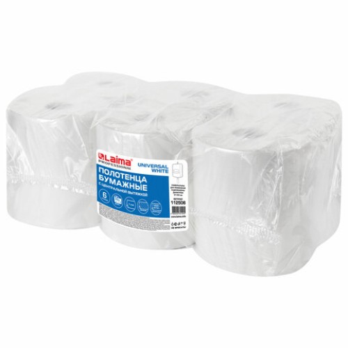 Полотенца бумажные с центральной вытяжкой 300 м, LAIMA (Система M2) UNIVERSAL WHITE, 1-слойные, белые, КОМПЛЕКТ 6 рулонов, 112506 в Екатеринбург — Uralhoz.ru