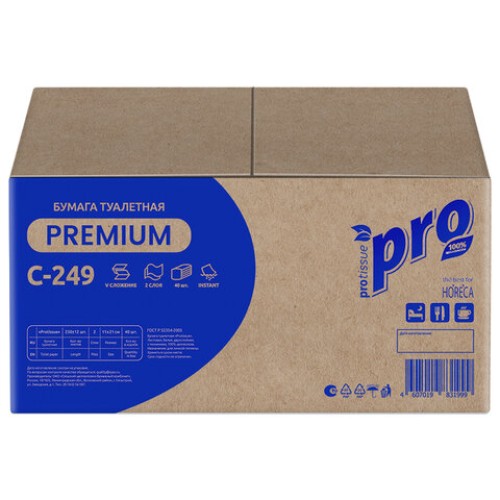Бумага туалетная листовая 250 шт., PROtissue (T3) PREMIUM, 2-слойная, белая, 22,5х11 см, КОМПЛЕКТ 40 пачек, C249, С249 в Екатеринбург — Uralhoz.ru