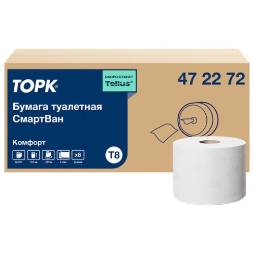 Бумага туалетная 207 м, TORK (Система T8) SmartOne, ADVANCED, КОМПЛЕКТ 8 рулонов, 2-слойная, 472272 в Екатеринбург — Uralhoz.ru