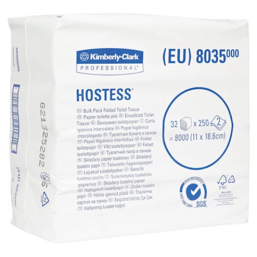 Бумага туалетная листовая KIMBERLY-CLARK Hostess КОМПЛЕКТ 32 шт., 250 листов, 18,6х11 см, 2-слойная, 8035 в Екатеринбург — Uralhoz.ru