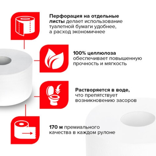 Бумага туалетная 170 м, LAIMA (T2), PREMIUM, 2-слойная, цвет белый, КОМПЛЕКТ 12 рулонов, 126092 в Екатеринбург — Uralhoz.ru