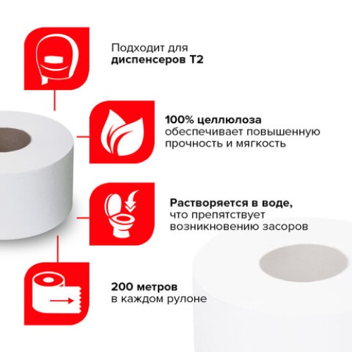 Бумага туалетная 200 м, LAIMA (T2), ADVANCED, 1-слойная, цвет белый, КОМПЛЕКТ 12 рулонов, 126093 в Екатеринбург — Uralhoz.ru
