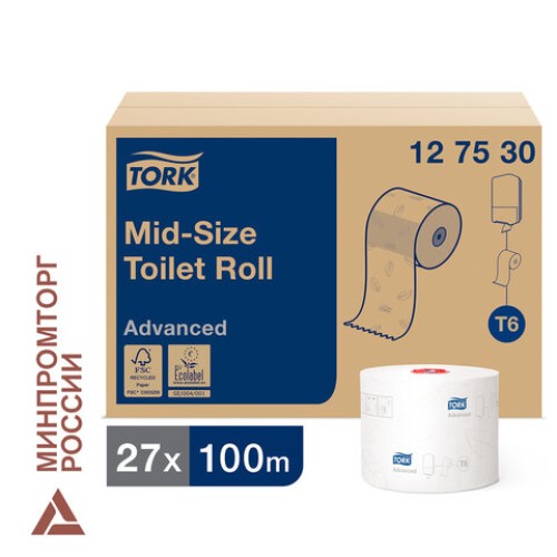 Бумага туалетная 100 м, TORK (Система Т6) ADVANCED, КОМПЛЕКТ 27 рулонов, 2-слойная, белая, 127530 в Екатеринбург — Uralhoz.ru