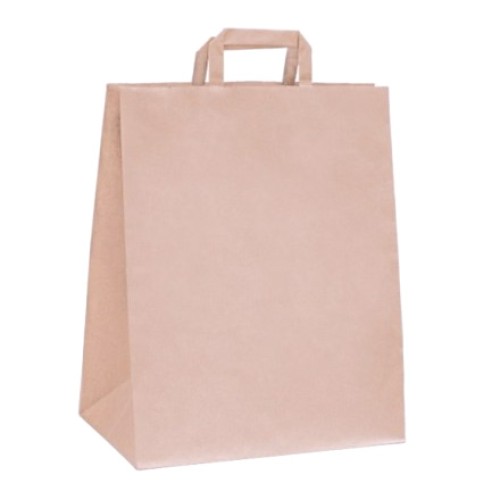 Пакет бумажный с ПЛОСКИМИ ручками 320х200х370 крафт 70 гр 108-035 (ФАСОВКА ПО 50/150 шт.) в Екатеринбург — Uralhoz.ru