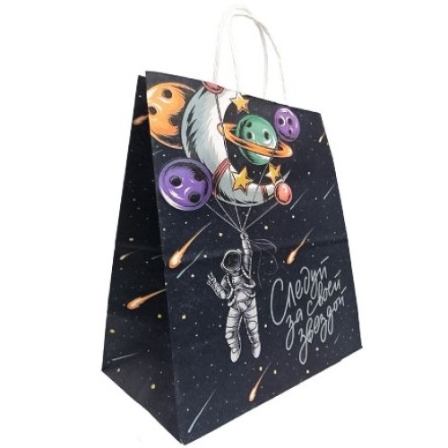 Пакет бумажный с кручеными ручками 220х120х250 100 г с печатью Следуй за звездой (25/250 шт.) в Екатеринбург — Uralhoz.ru