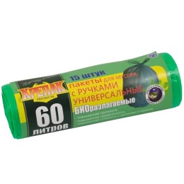 Мешок д/мусора ПНД 60 л (15 шт.) рулон с ручками зеленый КРЕПАК БИО (1/50 шт.)