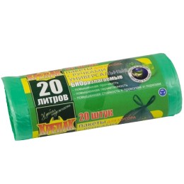 Мешок д/мусора ПНД 20 л (20 шт.) рулон с ручками зеленый КРЕПАК БИО (1/50 шт.)