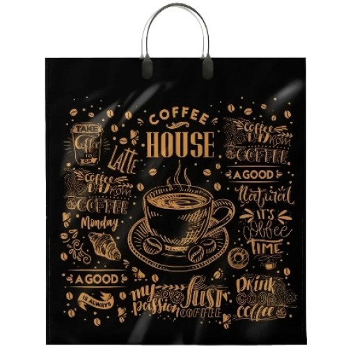 Пакет с пластиковой ручкой ПВД 40х44 (100 мкм) Кофейня черн. (10/100 шт.) Интерпак в Екатеринбург — Uralhoz.ru