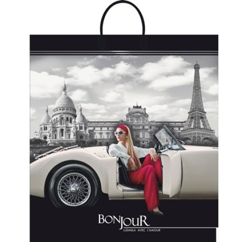 Пакет с пластиковой ручкой ПВД 40х44 (100 мкм) Бонжур лам. (10/100 шт.) Интерпак в Екатеринбург — Uralhoz.ru