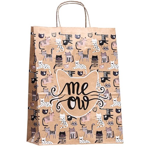 Пакет бумажный с кручеными ручками 260х150х350  80 г с печатью Мяу (25/250 шт.) 110784 в Екатеринбург — Uralhoz.ru