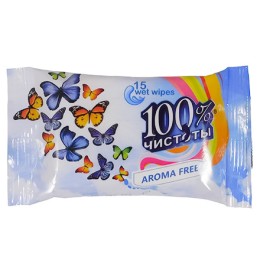 Салфетки влажные  (15 шт.) 100% Чистоты БЕЗ запаха (1/160 шт.)