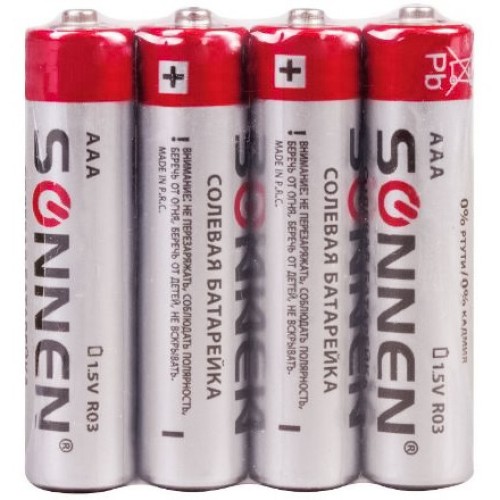 Элемент питания солевой мизин. R03/4S AAA SONNEN (4 шт.) (1/6/300 упак.) 451098 в Екатеринбург — Uralhoz.ru