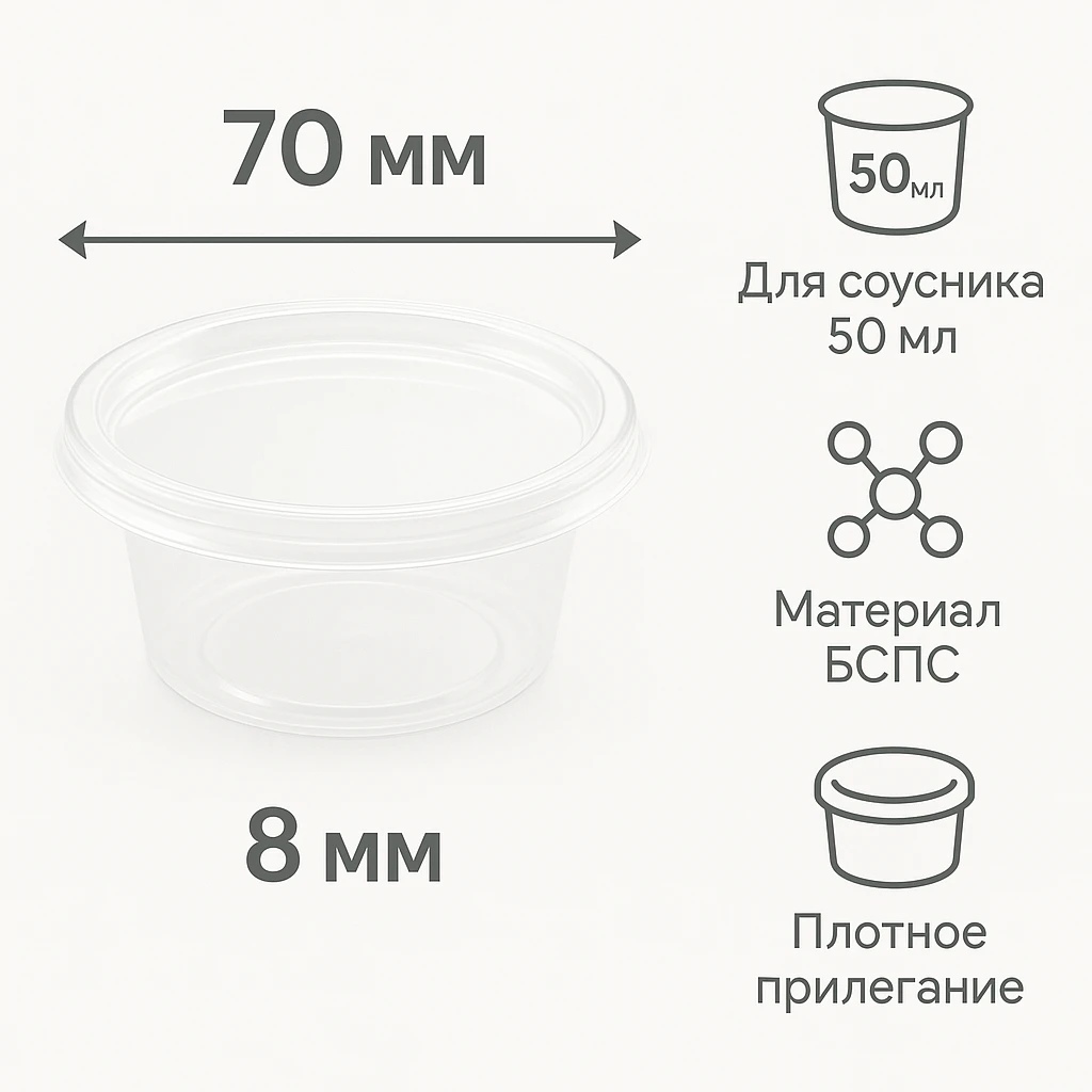 Крышка к соуснику 50 мл d-70 мм БОПС (100/1500 шт.) Росспак — инфографика